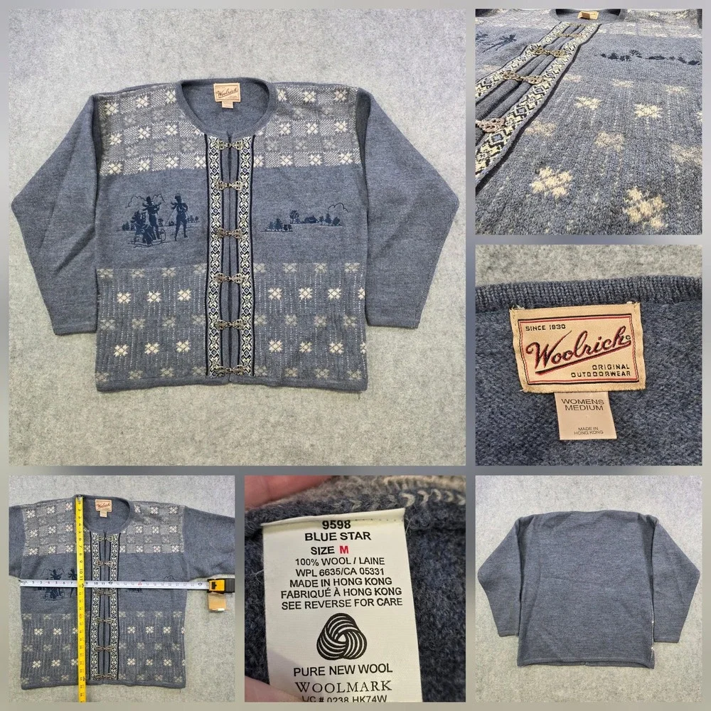 Vintage Woolrich Sweater Womens Medium Blue Wool Fair Isle Nordic Cardigan Clasp